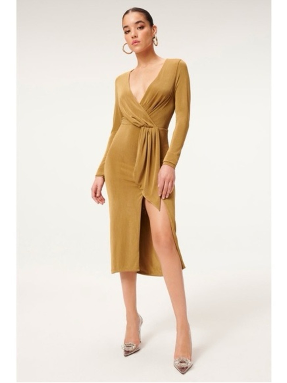 Good American Shimmer Wrap Midi Dress in Gold